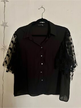 SHEIN Curve Black Button-Down Blouse with Polka Dot Mesh Sleeves